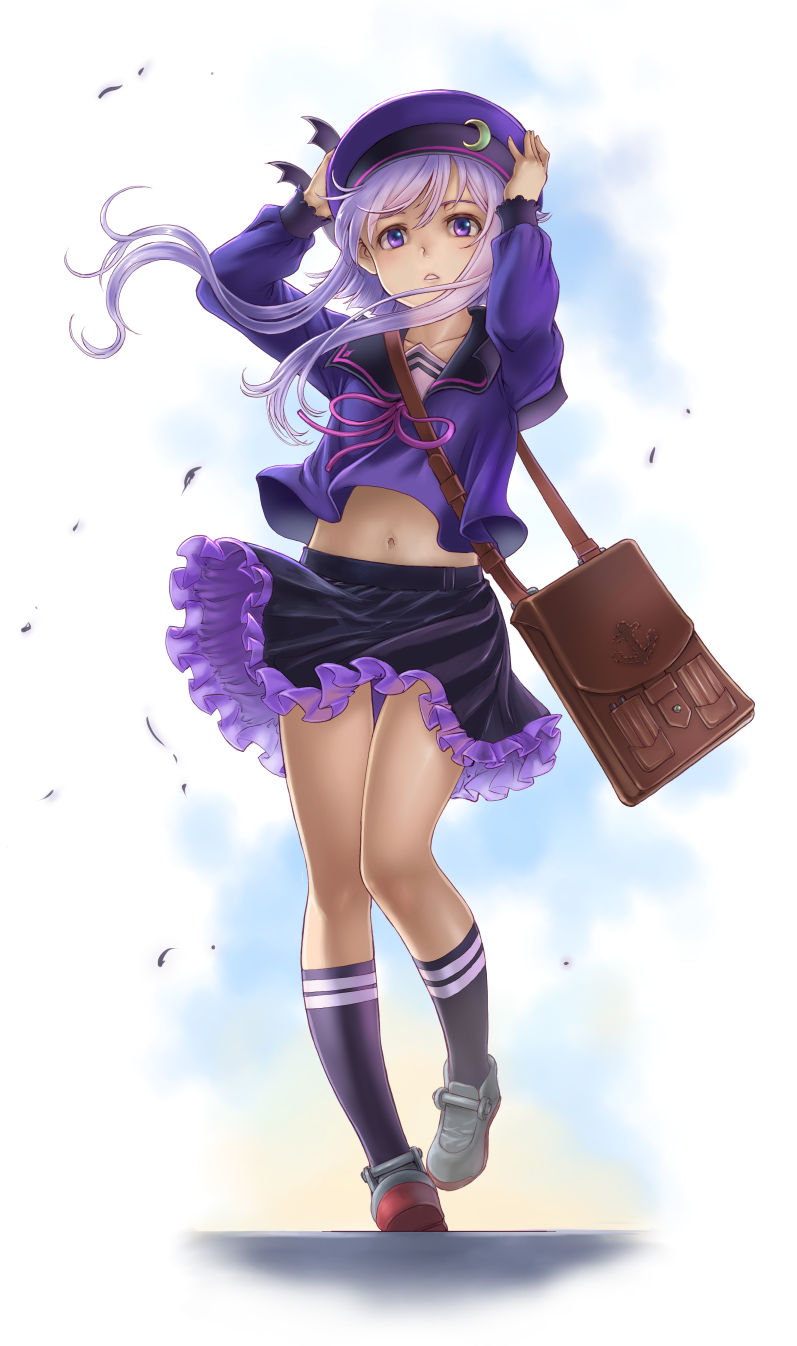 1girl, bag, bangs, between_breasts, black_legwear, black_skirt, blouse, breasts