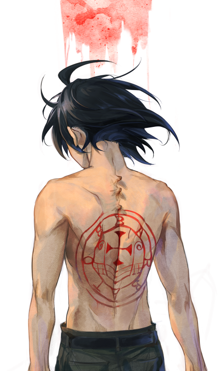 1boy, ahoge, back_tattoo, belt, black_hair, cowboy_shot, cross, facing_away