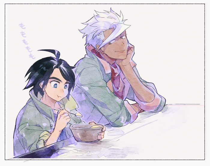 2boys, black_hair, dark_skin, eating, gundam, gundam_tekketsu_no_orphans, looking_at_another, me_(mikannu)