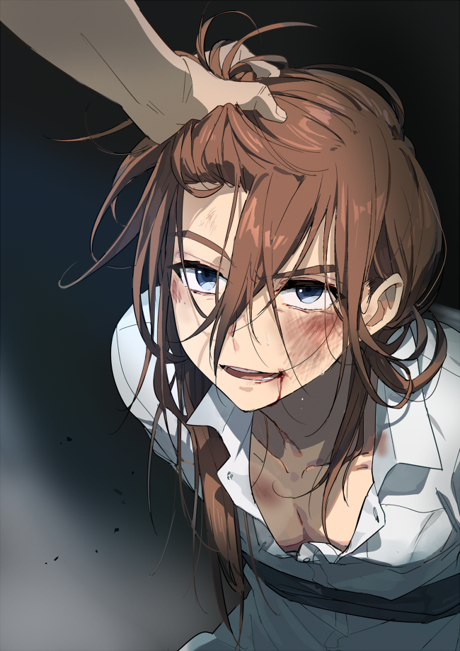 1boy, blood, blood_from_mouth, blood_on_face, blue_eyes, breasts, brown_hair, bruise