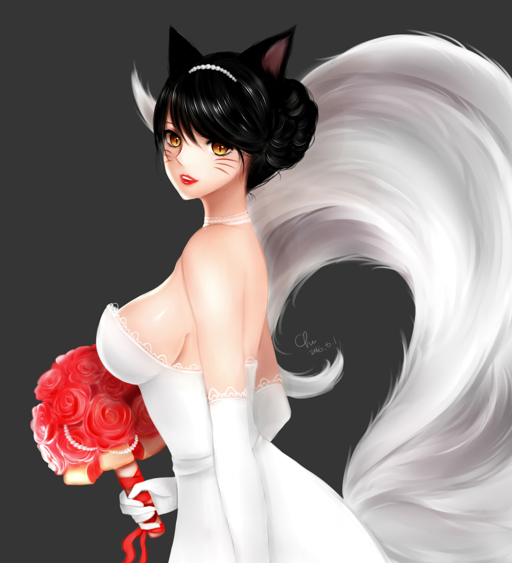 1girl, 2016, ahri, animal_ears, bare_shoulders, black_hair, bouquet, breasts