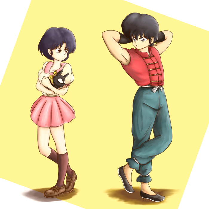 1boy, 1girl, arms_behind_head, black_hair, brown_eyes, crossed_legs, dress, glaring