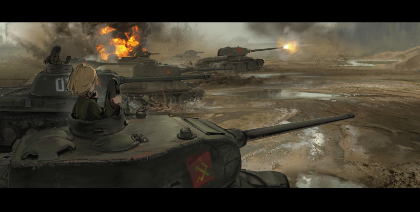 2girls, black_hair, blonde_hair, explosion, fire, firing, girls_und_panzer, ground_vehicle