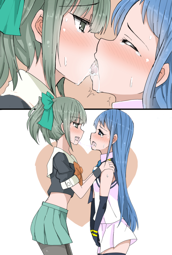 2girls, bangs, blue_hair, french_kiss, gradient_hair, kantai_collection, kiss, kodachi_(kuroyuri_shoukougun)