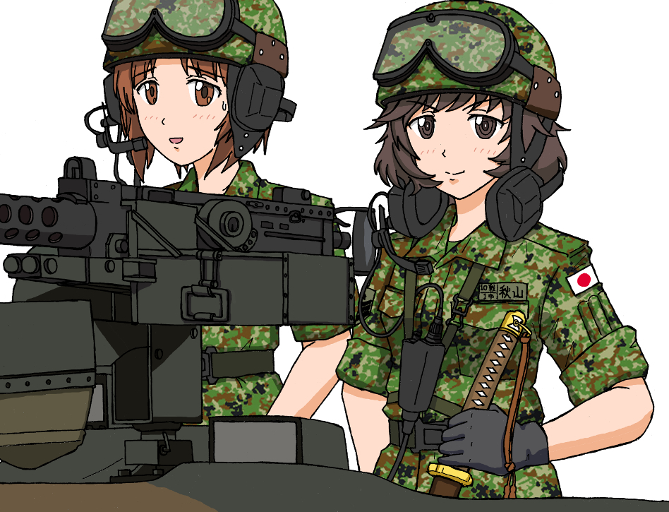 2girls, akiyama_yukari, belt, browning_m2, camouflage, crapgame, girls_und_panzer, gloves