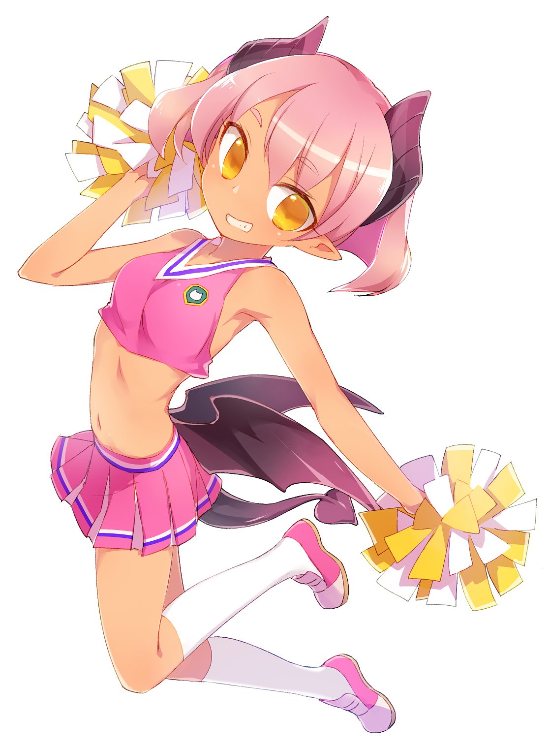 1girl, armpits, blush, cheerleader, crop_top, dark_skin, demon_girl, grin