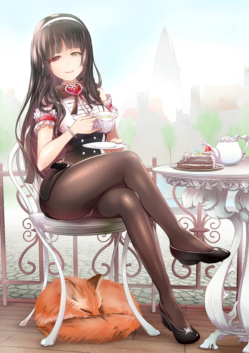 1girl, animal, arm_garter, bangs, belt, black_bow, black_bowtie, black_hair, black_shoes, black_skirt, blue_sky, blunt_bangs, bow, bowtie, bracelet, brooch, brown_legwear, building, cake, center_frills, closed_eyes, closed_mouth, corset, cream, crossed_legs, cup, double-breasted, drink, elsword, fence, food, fox, frills, full_body, gem, hairband, heterochromia, highres, holding, holding_cup, jewelry, liquid, looking_at_viewer, outdoors, panties, panties_under_pantyhose, pantyhose, pantyshot, pantyshot_(sitting), pencil_skirt, plant, plate, red_eyes, ruby_(stone), saucer, servati, shoes, sitting, skirt, sky, sleeping, smile, solo, table, tea, teacup, teapot, town, tree, underwear, white_panties, wooden_floor, yellow_eyes