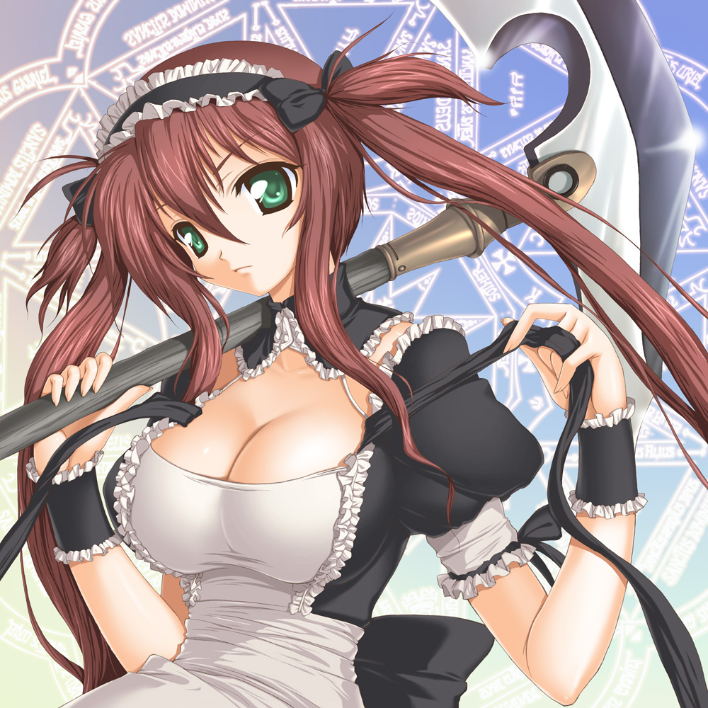 aokihoshi, breasts, brown_hair, cleavage, flyking, green_eyes, hairband, large_breasts