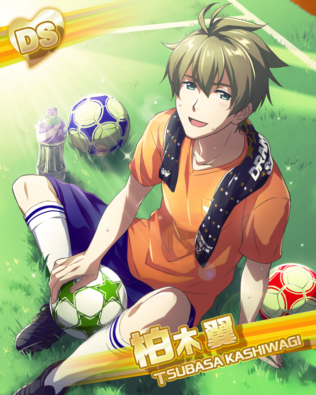 1boy, ball, blush, bottle, card_parody, character_name, cleats, from_above