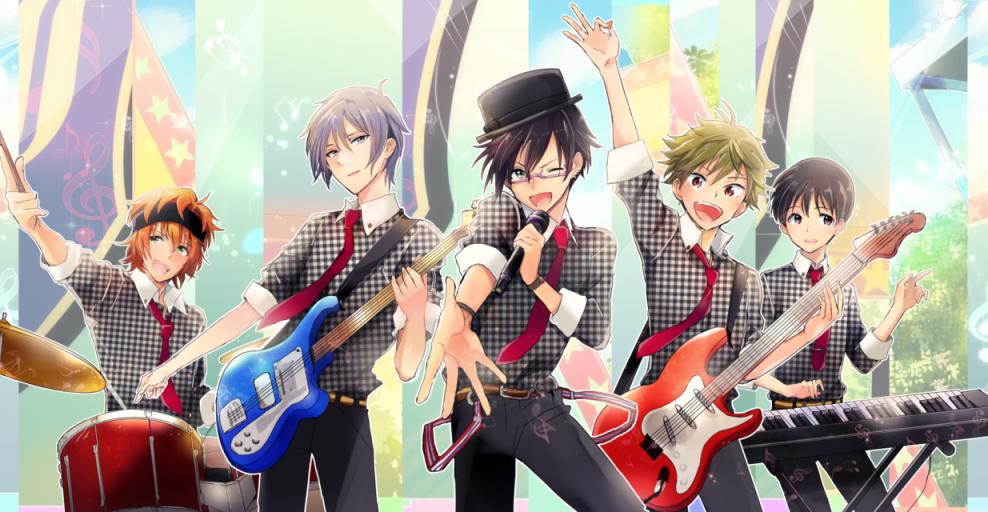 5boys, akiyama_hayato, alternate_costume, bass_guitar, black_hair, drum, drum_set, electric_guitar, food, fuyumi_jun, glasses, green_eyes, green_hair, guitar, high_x_joker, idolmaster, idolmaster_side-m, instrument, iseya_shiki, keyboard_(instrument), male_focus, microphone, multiple_boys, orange_hair, pink-framed_eyewear, sakaki_natsuki, smile, sweatband, teuyu, wakazato_haruna
