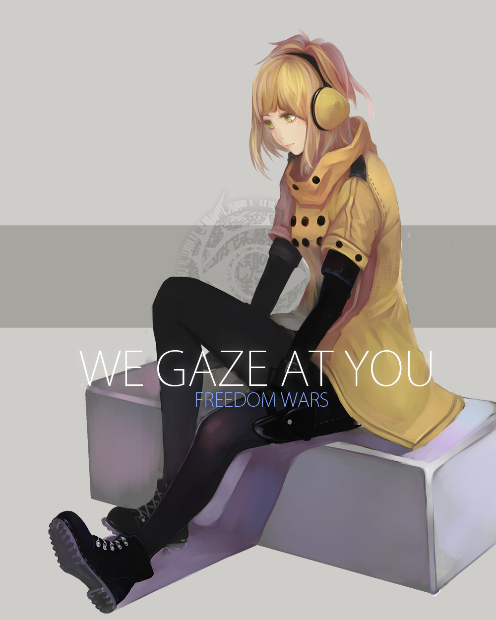 1girl, between_legs, black_boots, black_legwear, blonde_hair, boots, closed_mouth, copyright_name