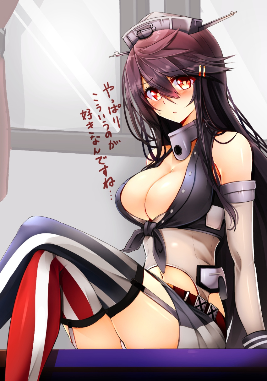 1girl, alternate_costume, american_flag, american_flag_legwear, arm_support, black_hair, blush, breasts