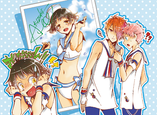 3boys, :d, ??, akizuki_ryou, bikini, character_name, crossdressinging, embarrassed, f-lags_(idolmaster), flying_sweatdrops, hane_amamidokoro, heart, heart_in_mouth, idolmaster, idolmaster_dearly_stars, idolmaster_side-m, kabuto_daigo, male_focus, multiple_boys, navel, open_mouth, otoko_no_ko, parted_lips, photo_(object), sailor_swimsuit_(idolmaster), signature, smile, sweatdrop, swimsuit, tsukumo_kazuki