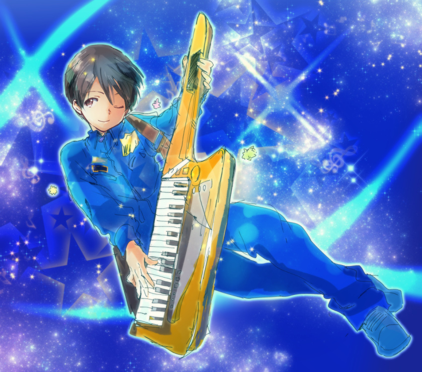 1boy, ;), black_hair, blue_background, fuyumi_jun, grey_eyes, idolmaster, idolmaster_side-m