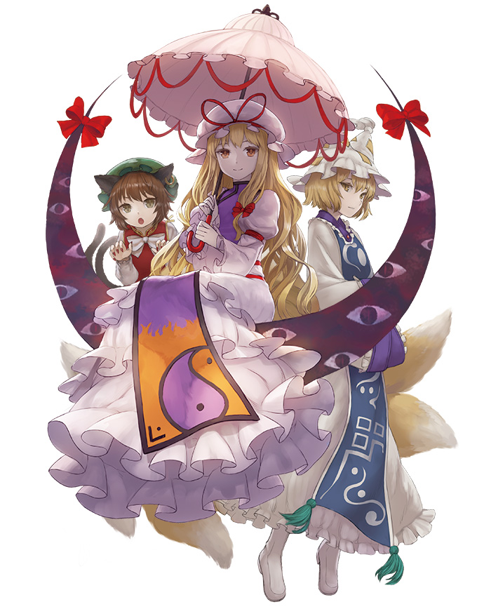 3girls, animal_ears, blonde_hair, boots, bow, brown_hair, cat_ears, cat_tail
