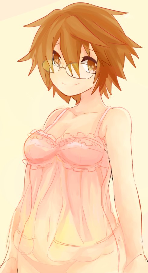 1girl, aussa, babydoll, brown_eyes, brown_hair, duel_monster, glasses, lingerie