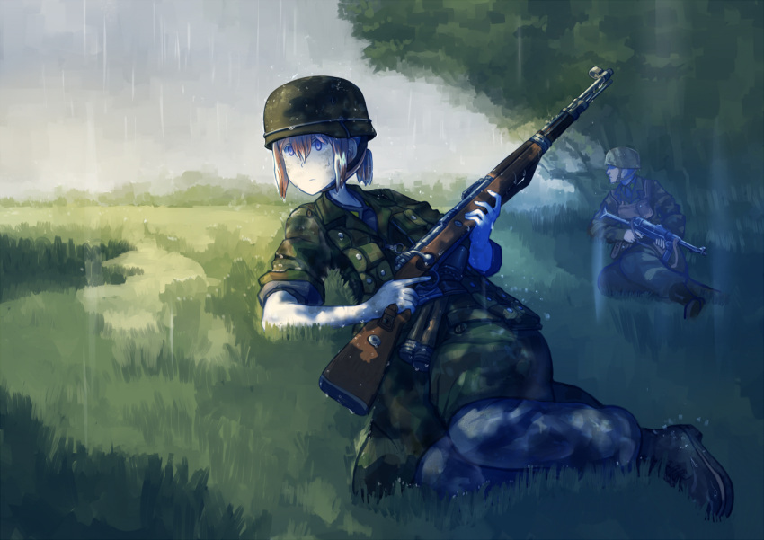 1boy, 1girl, bandolier, blonde_hair, blue_eyes, bolt_action, commentary, erica_(naze1940), explosive, fallschirmjager, field, grass, grenade, gun, helmet, looking_afar, lying, mauser_98, md5_mismatch, military, military_uniform, mp40, nazi, on_side, original, ponytail, rain, rifle, short_ponytail, sleeves_rolled_up, soldier, stielhandgranate, submachine_gun, tree, uniform, weapon, wehrmacht, wet, wet_hair, world_war_ii