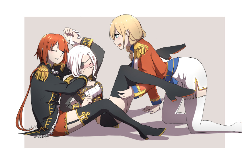 3girls, absurdres, all_fours, black_legwear, blonde_hair, blue_eyes, boots, covering_mouth, epaulettes, eyepatch, frills, from_side, garter_straps, highres, long_hair, lulu_heika, military_jacket, miniskirt, multiple_girls, nelson_(zhan_jian_shao_nyu), one_eye_closed, parted_lips, profile, redhead, rodney_(zhan_jian_shao_nyu), sitting, skirt, thigh-highs, thigh_boots, very_long_hair, white_hair, white_legwear, wrist_grab, zhan_jian_shao_nyu