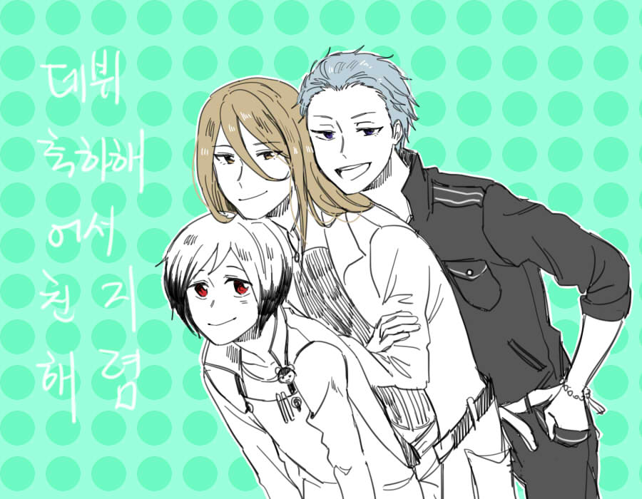 apron, blue_hair, brown_eyes, brown_hair, crossed_arms, green_background, hair_slicked_back, hand_in_pocket