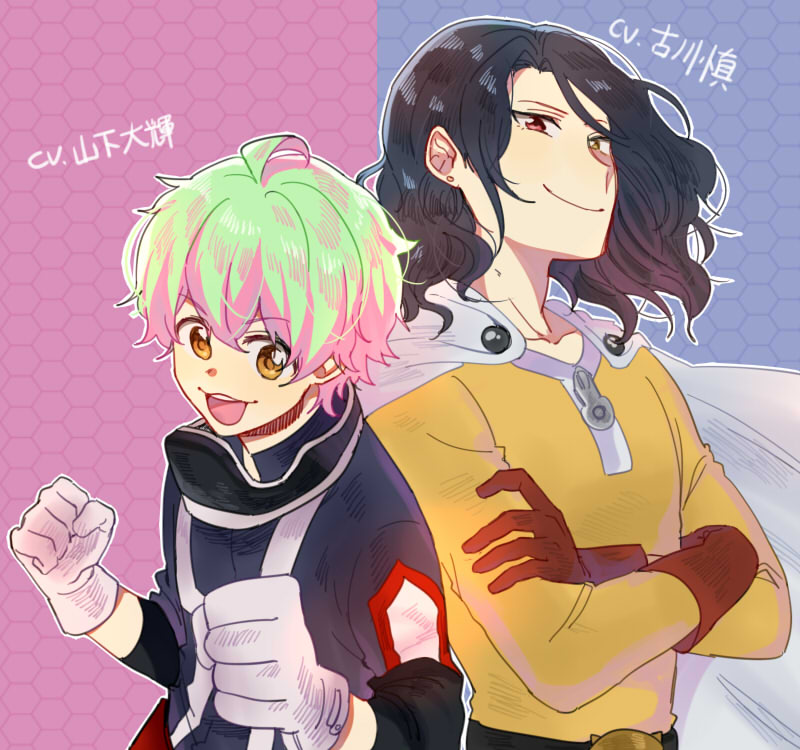 2boys, asselin_bb_ii, back-to-back, boku_no_hero_academia, cape, cosplay, crossed_arms, earrings