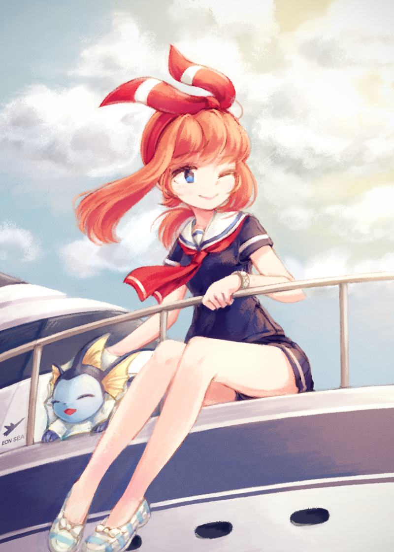 1girl, :d, ;>, ^_^, bangle, black_shirt, black_skirt, boat
