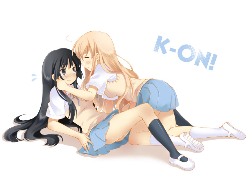 akiyama_mio, all_fours, black_eyes, black_hair, black_legwear, blonde_hair, blue_eyes, blush