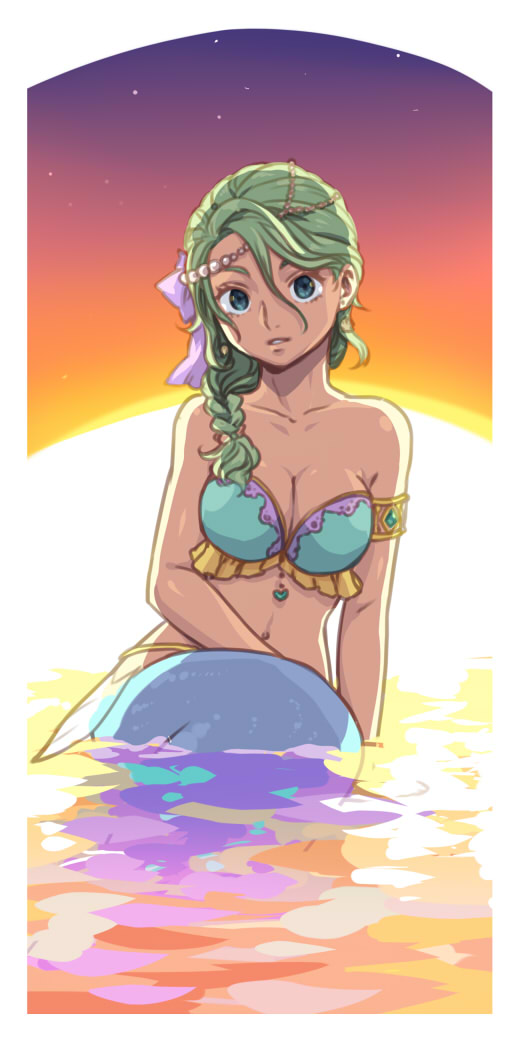 1girl, armband, backlighting, bare_shoulders, beads, bikini_top, braid, breasts, cleavage, green_eyes, green_hair, hair_beads, hair_ornament, hair_over_shoulder, hair_ribbon, looking_at_viewer, mermaid, monster_girl, navel, original, partially_submerged, piercing, ribbon, saharada, single_braid, sky, solo, star_(sky), starry_sky, sun, sunset, white_border