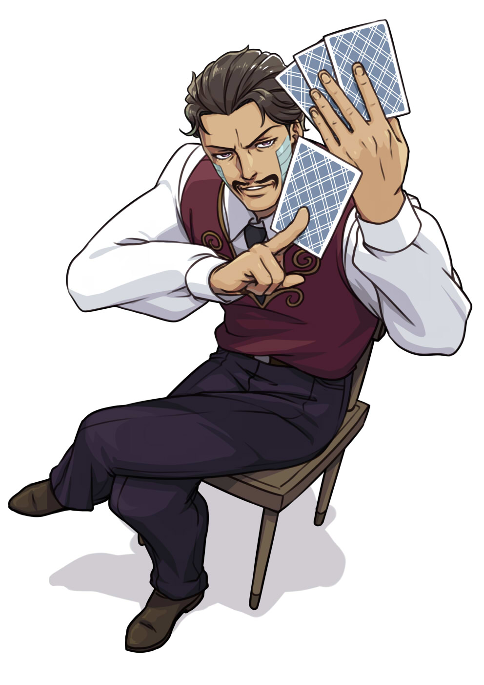 1boy, black_hair, brown_eyes, card, chair, crossed_legs, daniel_d'arby, facial_hair