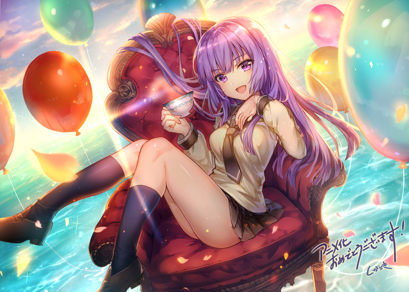 1girl, armchair, balloon, chair, clouds, cup, kneehighs, loafers