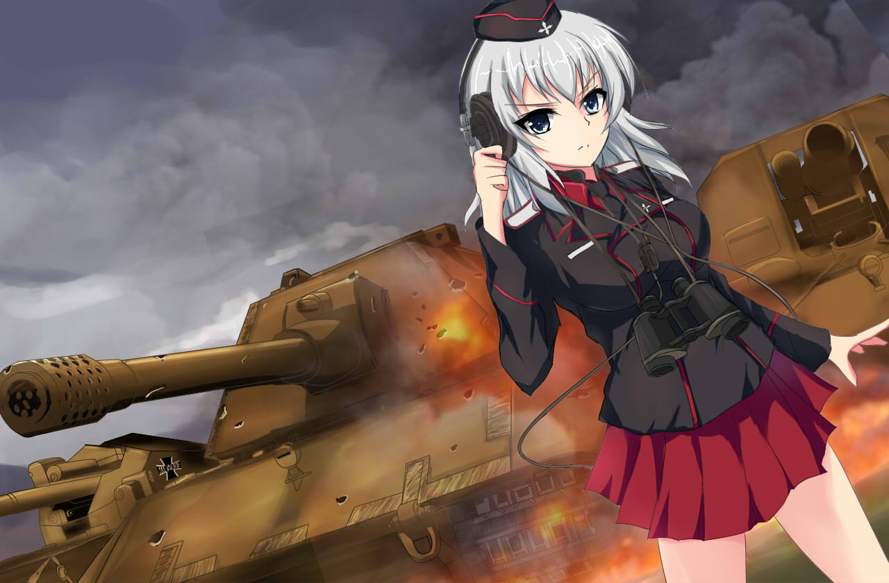 1girl, girls_und_panzer, grey_eyes, grey_hair, ground_vehicle, itsumi_erika, military, military_vehicle