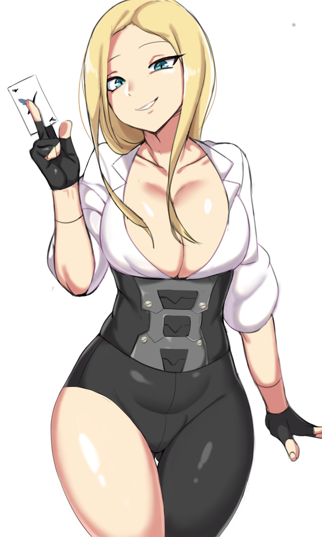 1girl, ass_visible_through_thighs, black_pants, blonde_hair, blue_eyes, breasts, card, cleavage