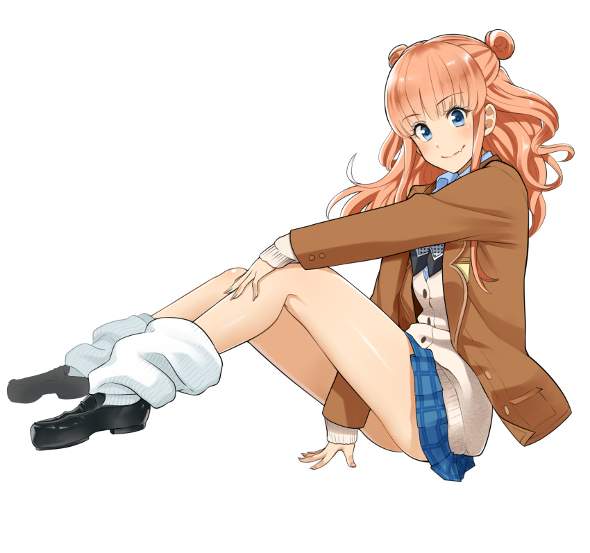 1girl, blazer, blue_eyes, cardigan, double_bun, from_side, hair_bun, highres