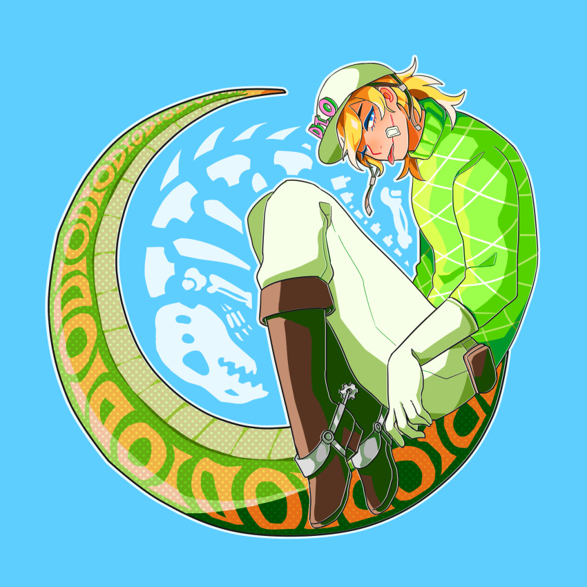 1boy, bandaid, bandaid_on_face, blonde_hair, blue_eyes, boots, brown_boots, diego_brando, dinosaur_tail, gloves, hat, highres, jojo_no_kimyou_na_bouken, male_focus, mani_(rokyujuusan), one_eye_closed, scary_monsters_(stand), skeleton, solo, spurs, steel_ball_run, turtleneck, white_gloves