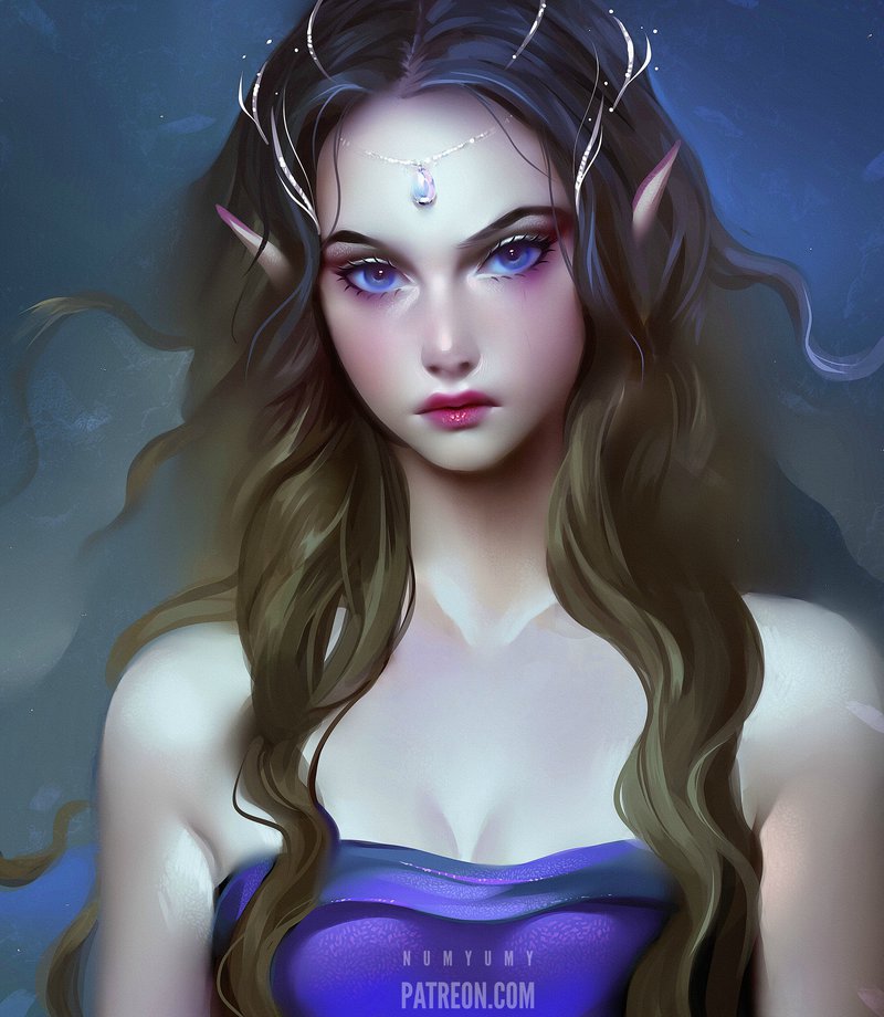 1girl, artist_name, arwen, bare_shoulders, blue_dress, blue_eyes, breasts, brown_hair, circlet, cleavage, closed_mouth, collarbone, diamond, dress, expressionless, eyeshadow, long_hair, looking_at_viewer, lord_of_the_rings, makeup, numyumy, pointy_ears, portrait, red_lips, solo, strapless, watermark, wavy_hair, web_address