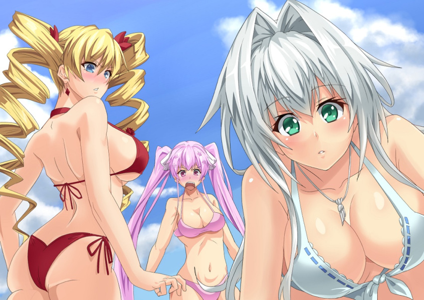3girls, ass, bikini, blonde_hair, blue_eyes, claire_harvey, drill_hair, emilia_hermit