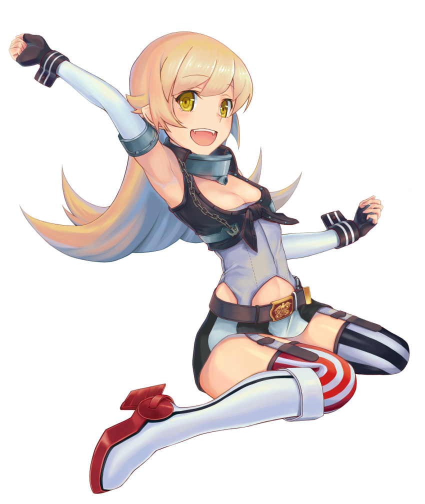 1girl, arms, blonde_hair, cosplay, elbow_gloves, fingerless_gloves, garter_straps, gloves, highres, iowa_(kantai_collection), iowa_(kantai_collection)_(cosplay), kantai_collection, miniskirt, monogatari_(series), oshino_shinobu, perocchi, skirt, solo, striped, striped_legwear, thigh-highs, vertical-striped_legwear, vertical_stripes, yellow_eyes
