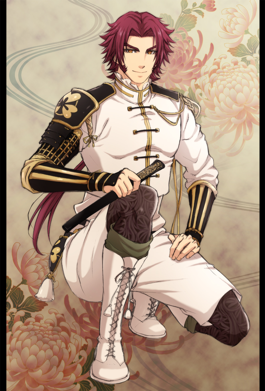 1boy, armor, boots, chrysanthemum, cosplay, cross-laced_footwear, floral_background, flower