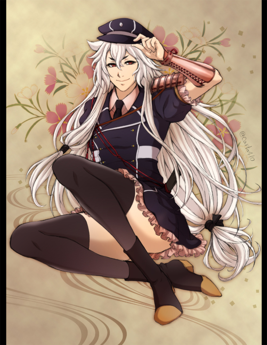1boy, armor, black_legwear, cosplay, crossdressinging, dianthus, dress, floral_background, flower, full_body, hat, highres, japanese_armor, karuta410, kogitsunemaru, kote, long_hair, low-tied_long_hair, male_focus, midare_toushirou, midare_toushirou_(cosplay), necktie, red_eyes, sitting, smile, sode, thigh-highs, touken_ranbu, white_hair