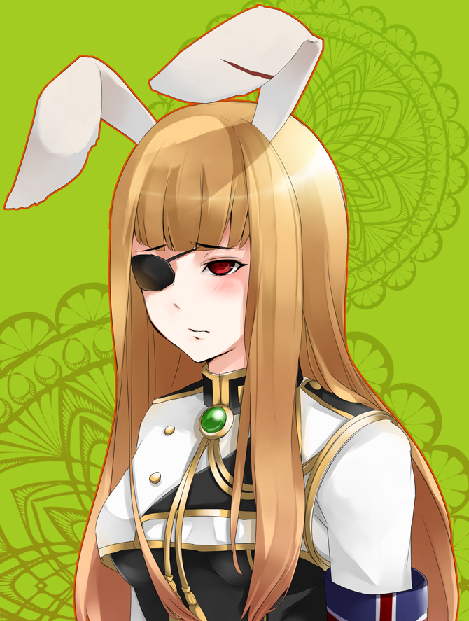 1girl, animal_ears, armband, blonde_hair, breasts, chiester00, chiester_sisters, eyepatch