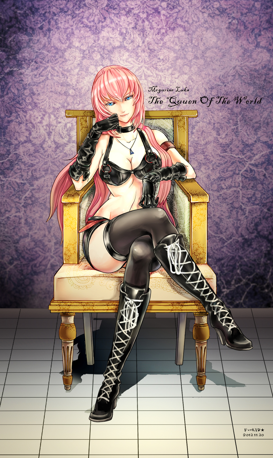 1girl, 2012, black_boots, black_bra, black_gloves, black_legwear, black_shorts, blue_eyes