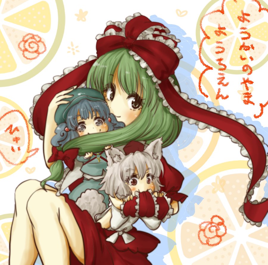 3girls, animal, animal_ears, arm_ribbon, blue_eyes, blue_hair, blush, blush_stickers