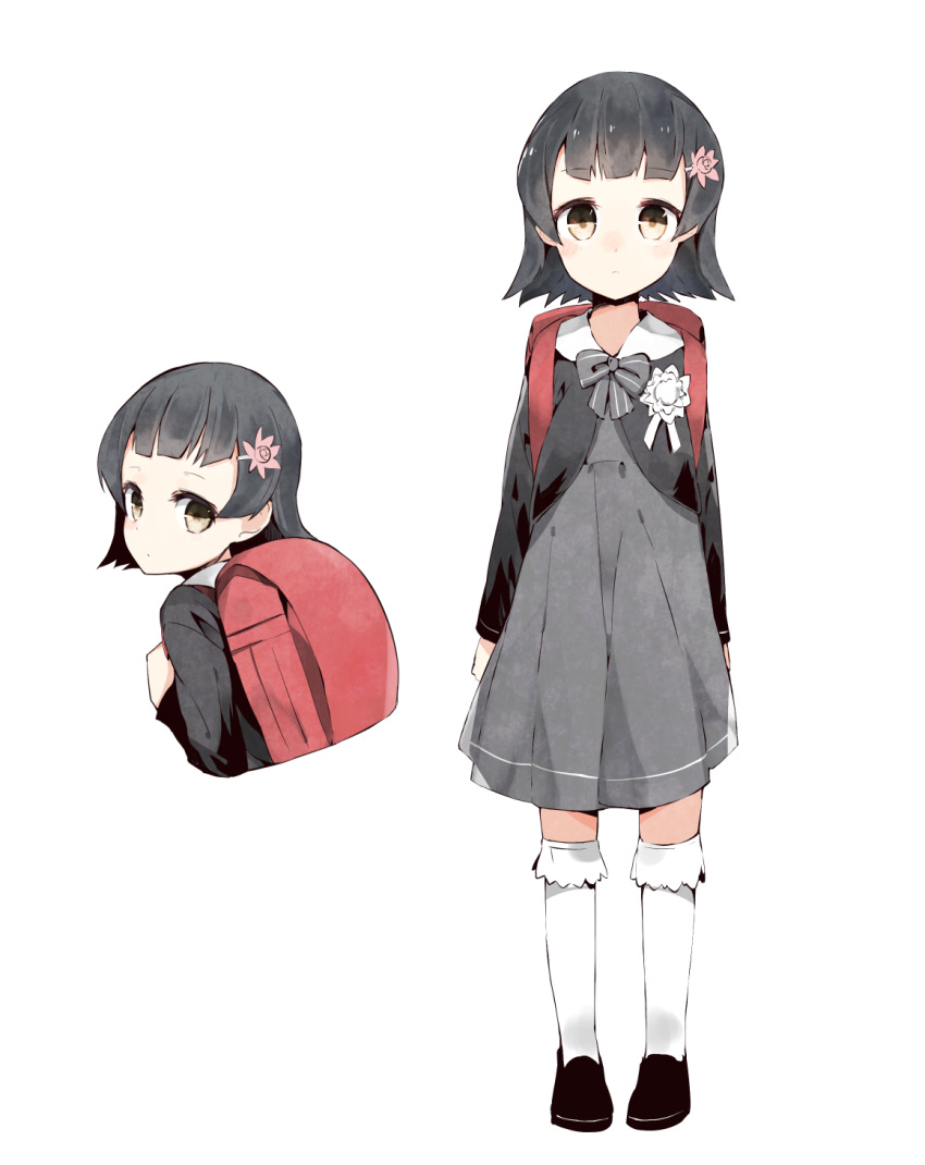 1girl, alternate_costume, arare_(kantai_collection), backpack, bag, black_hair, black_shoes, brown_eyes