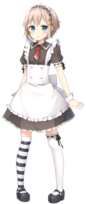 1girl, blonde_hair, blue_eyes, dress, eyebrows, eyebrows_visible_through_hair, flower, frilled_dress, frills, frown, full_body, hair_flower, hair_ornament, hasumi_hibana, looking_at_viewer, maid, maid_headdress, maid_to_partita, mary_janes, mismatched_legwear, necktie, official_art, red_necktie, shima_(shima_je), shoes, short_hair, solo, striped, striped_legwear, tareme, white_legwear, wrist_cuffs