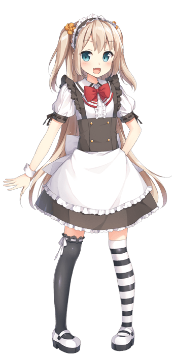 1girl, :d, arm_behind_back, black_legwear, blonde_hair, blue_eyes, blush, bow, bowtie, dress, eyebrows, eyebrows_visible_through_hair, flower, frilled_dress, frills, full_body, hair_flower, hair_ornament, hasumi_kazaka, maid, maid_headdress, maid_to_partita, mary_janes, mismatched_legwear, official_art, open_mouth, over-kneehighs, red_bow, red_bowtie, ribbon-trimmed_legwear, ribbon_trim, shima_(shima_je), shoes, short_sleeves, smile, solo, striped, striped_legwear, tareme, thigh-highs, transparent_background, two_side_up, wrist_cuffs