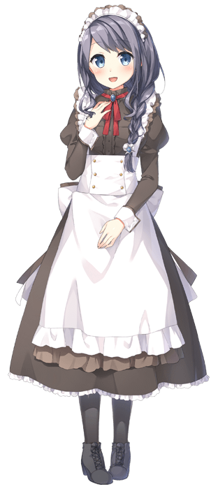 1girl, :d, apron, black_legwear, black_shoes, blue_eyes, blush, braid, eyebrows, eyebrows_visible_through_hair, full_body, hand_on_own_chest, hasumi_nayuki, long_hair, looking_at_viewer, maid, maid_apron, maid_to_partita, neck_ribbon, official_art, open_mouth, pantyhose, puffy_sleeves, purple_hair, red_ribbon, ribbon, shima_(shima_je), shoes, smile, solo, tareme, transparent_background, wrist_cuffs