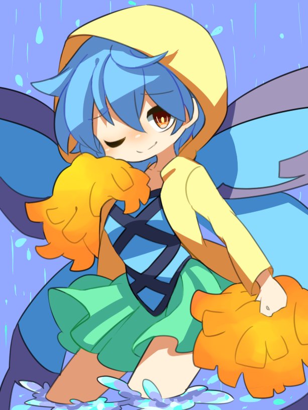 1girl, ;), blue_hair, duel_monster, fairy_cheer_girl, hood, looking_at_viewer, miniskirt, monako_(motapotan), one_eye_closed, pom_poms, rain, raincoat, short_hair, skirt, smile, solo, splashing, water_drop, wings, yellow_eyes, yuu-gi-ou
