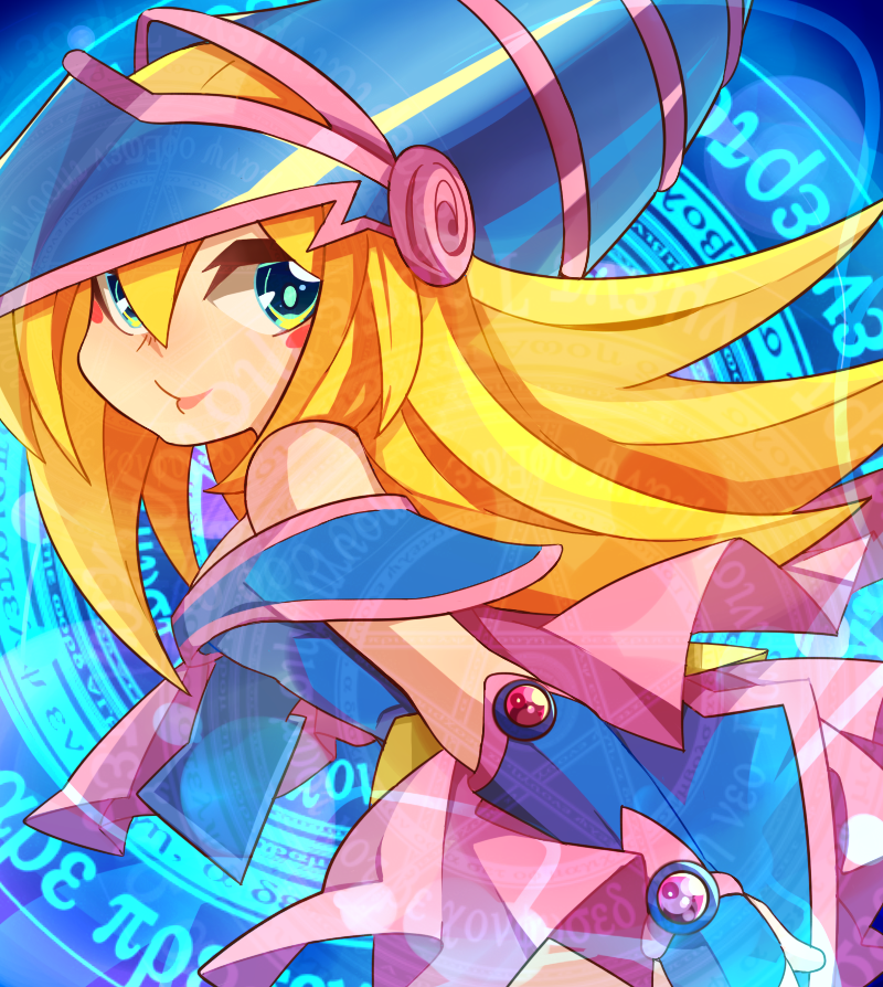 1girl, bare_shoulders, blonde_hair, blush, breasts, choker, dark_magician_girl, duel_monster