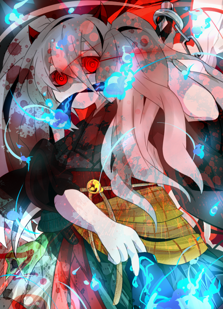 1girl, chain, duel_monster, ghost_ogre_&amp;_snow_rabbit, horns, japanese_clothes, kimono, long_hair