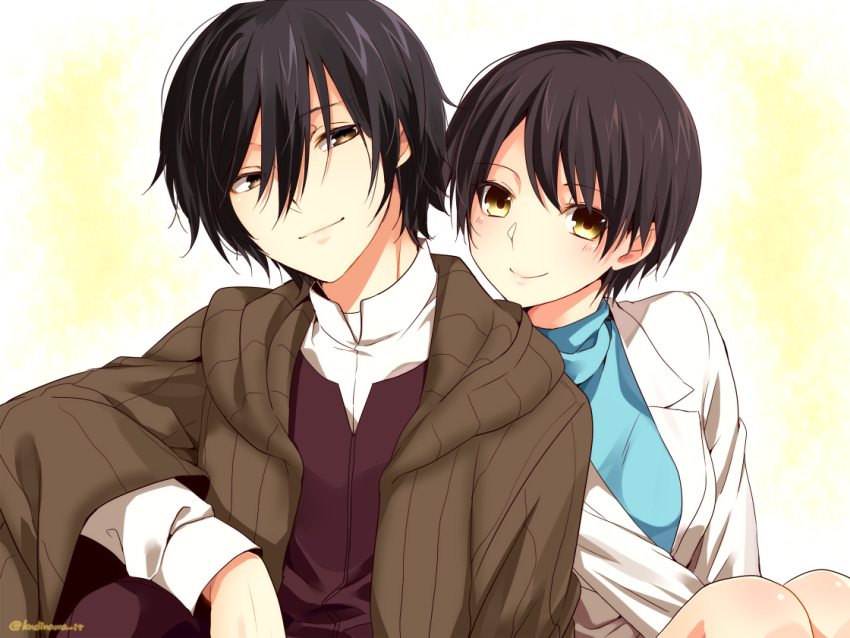 1boy, 1girl, ansatsu_kyoushitsu, black_hair, brown_eyes, couple, hetero, hi-ma