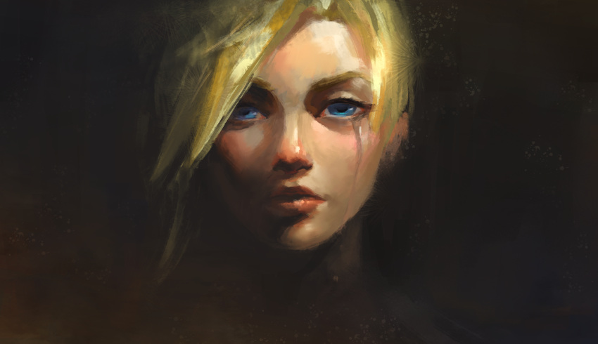 1girl, black_background, blonde_hair, blue_eyes, crying, dark_background, face, lips, looking_at_viewer, mechanical_halo, mercy_(overwatch), nose, overwatch, portrait, realistic, skyfiss, solo, streaming_tears, tears